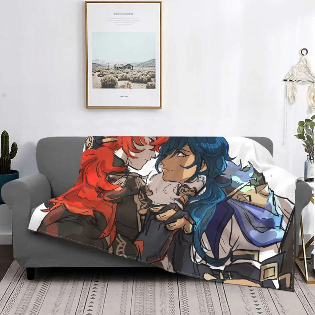 Diluc Kaeya Přikrývka Flanelová Genshin Impact Amine Lehká Tenká Přehozová Přikrývka pro Domov Pohovka Přehoz