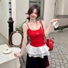 Women's Summer Slim Fit Red Knit Lace Camisole Tank Top, Ballet-Style Embroidered Design, Wearable As Outerwear.