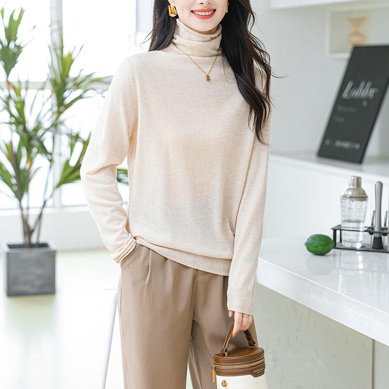 0 Wool Sweater Women's Loose and Thin Long Sleeves Stacked Collar Curled Pullover Sweater Backing Knitted Top Thin New