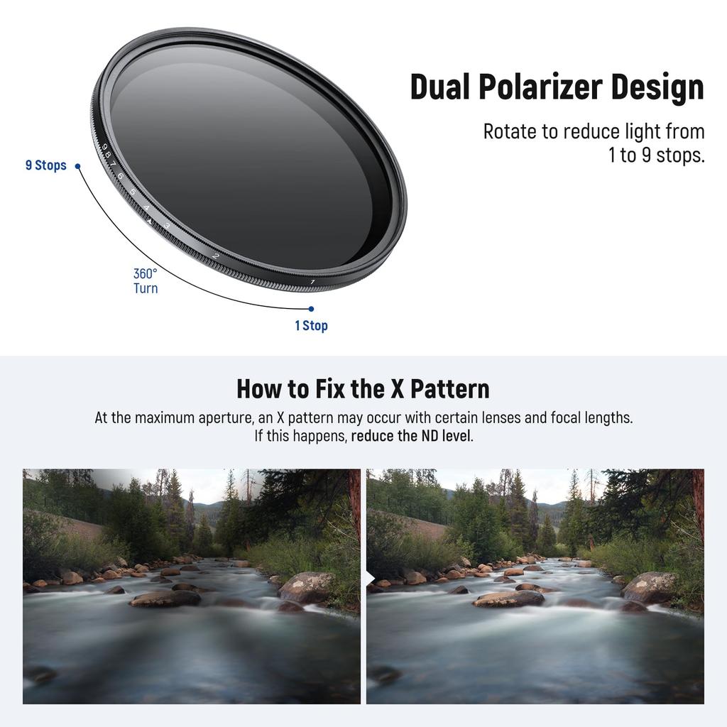 Neewer Basics 58mm Variable ND Filter ND2-400 Camera Lens Filter 1-9 Stop Rotating Dimming Fingerprint-Resistant Ultra-Thin Frame