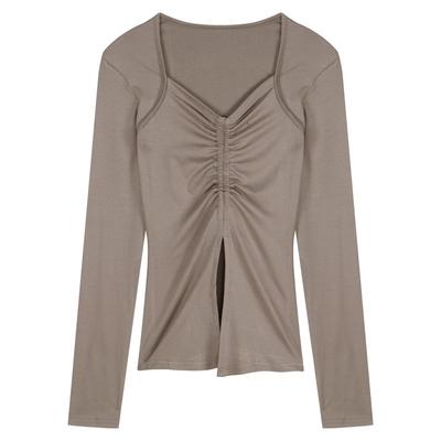 Sexy Drawstring Slim Base Shirt T-shirt for Women with Waist Slim and Pure Versatile V-neck Tops with Small Design