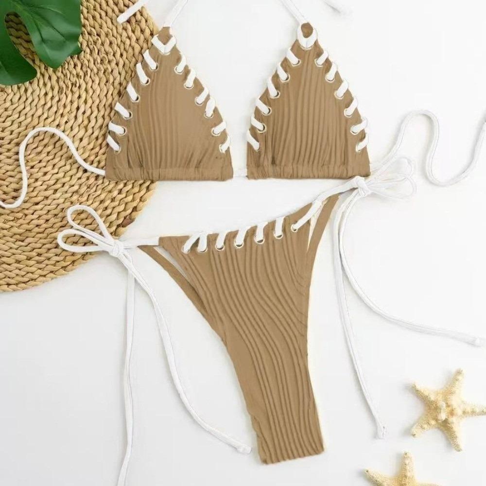 Lace Up Bikini Suit Ruffled Halter Neck Sling Swimsuit Fashion Swimwear Set  Swimming Pool