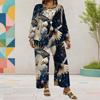 Women Plus Size Round Neck Long Sleeve Firework Star Printed Layered Top Wide Leg Cropped Pants Two Piece Set