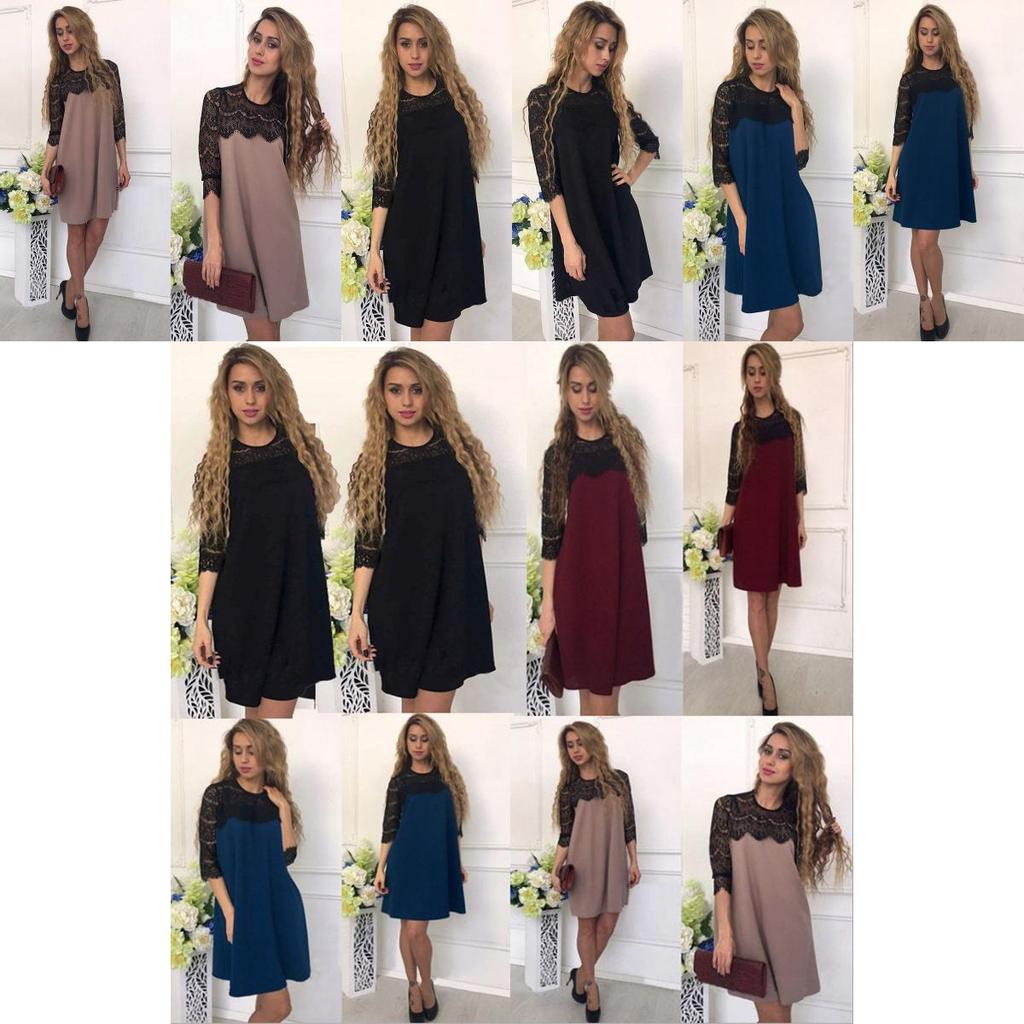 Elegant Women Pure Color Hollow Out Lace Splicing Dress For Stylish Occasions