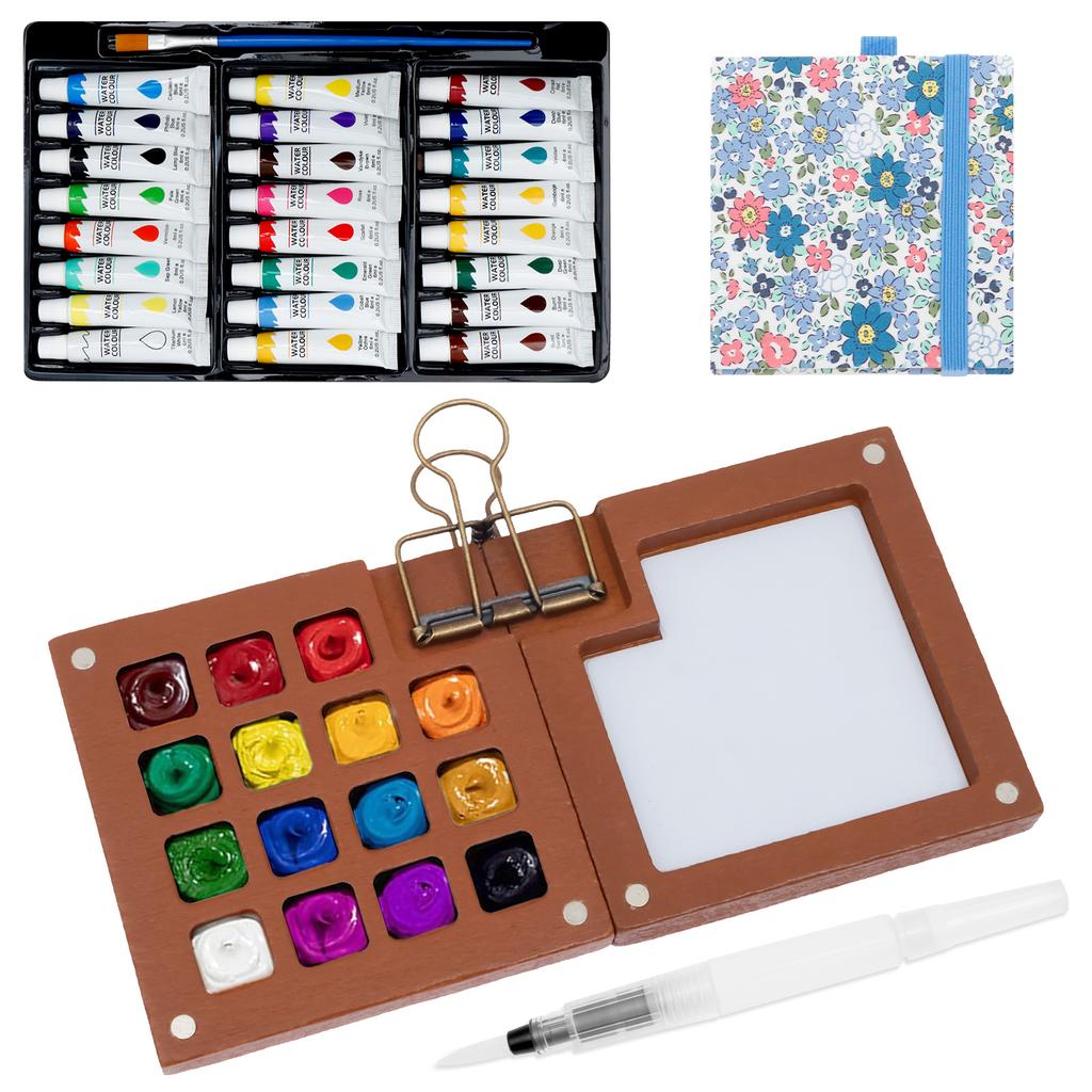 1Set Mini Watercolor Paint Set Portable Pocket Watercolor Kit with 15Grid Palette 24 Color Paint Sketchbook and Brush for Travel