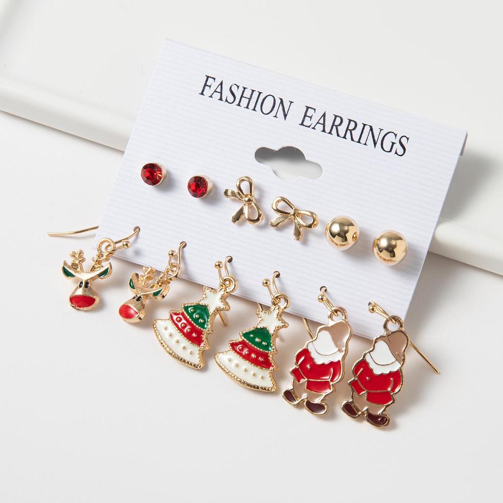 Santa Claus & Christmas Tree Drip Oil Earrings Set - 6 Pieces