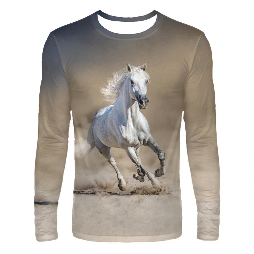 

Spring and Autumn Round Neck Horse Pattern 3D Printed Top Fashionable Casual Long Sleeved Men s T-shirts S