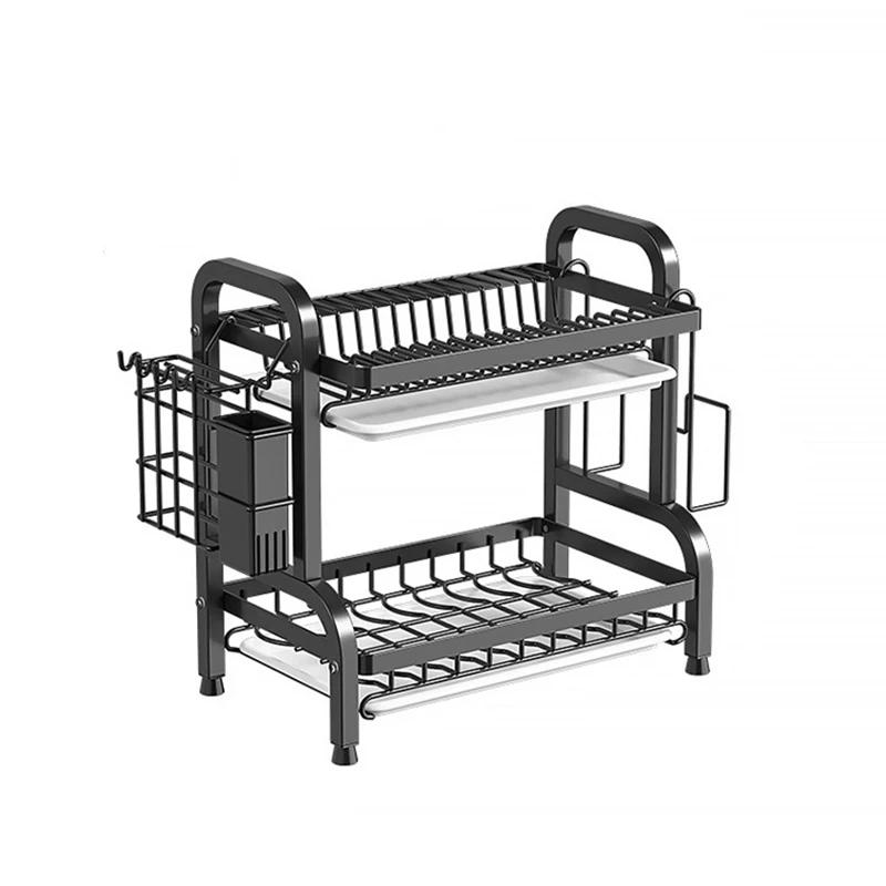 2 Tier Dish Drying Rack Compact Kitchen Dish Rack Rust-Proof Carbon Steel Dish Drainer Drainboard Tableware Water Filter Rack