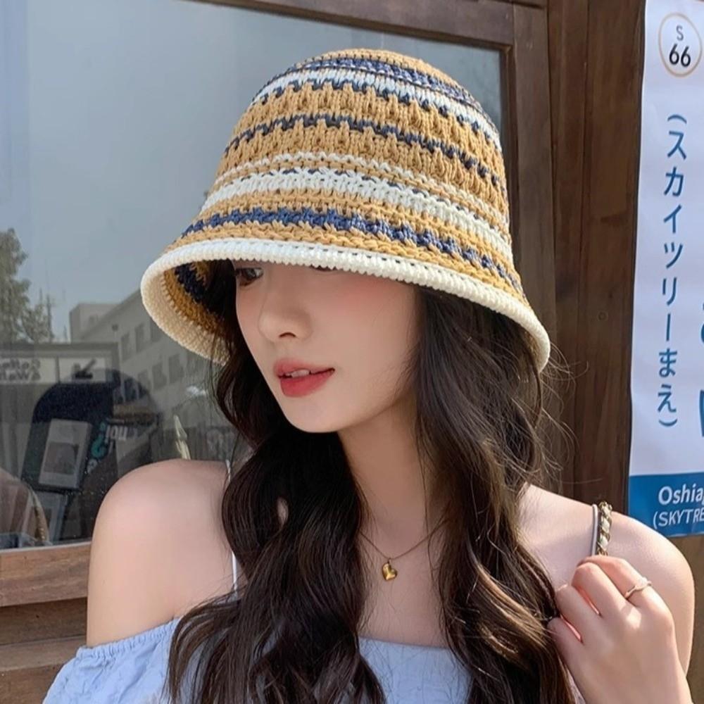 Stripe Knitted Bucket Hat Temperament Sun Protection Cap Fashion Fisherman Hat  Women