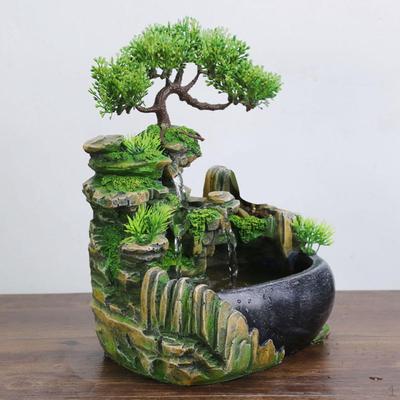 Nawilżacz fontanny na biurko, figurka bonsai do krajobrazu skalnego, wodospad wewnętrzny ze światłami