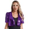 Women Glitter Sequin Cardigan Cropped Jacket Short Sleeve Open Front Fully Lined Stylish Club Cover Up