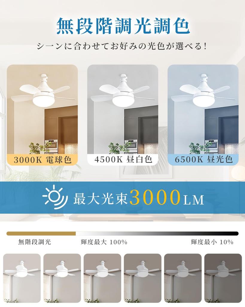 LED Ceiling Fan Light, 6-8 tatami mats (approx. 20 sq ft), 28W, E26, 3000LM, Stepless Dimming and Color Adjustment, 3-Level Airflow Control, Quiet,