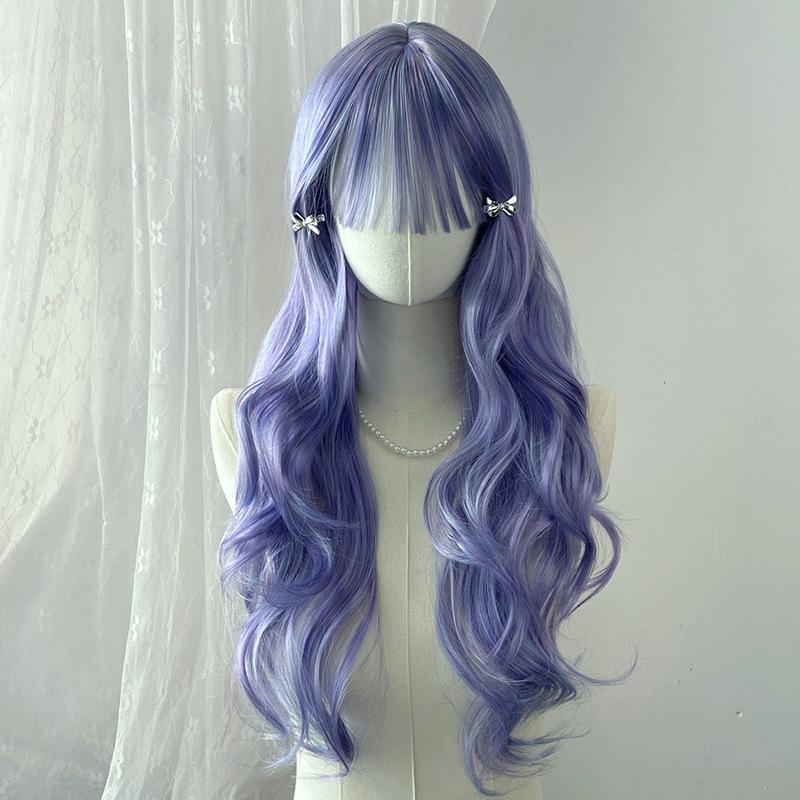 Japanese Korean Black Long Curly Hair Wig Women's Air Bangs Big Waves Synthetic Full Head Cover