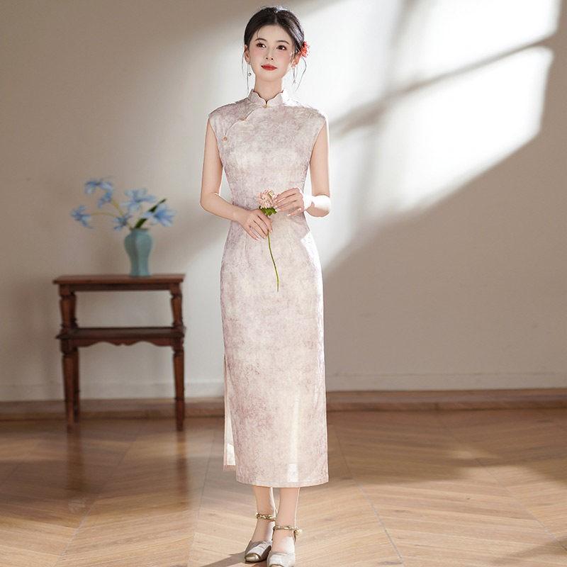 Purple Sleeveless Modern Chinese-Inspired Long Cheongsam Dress 2026 Womens Elegant Retro Style Small