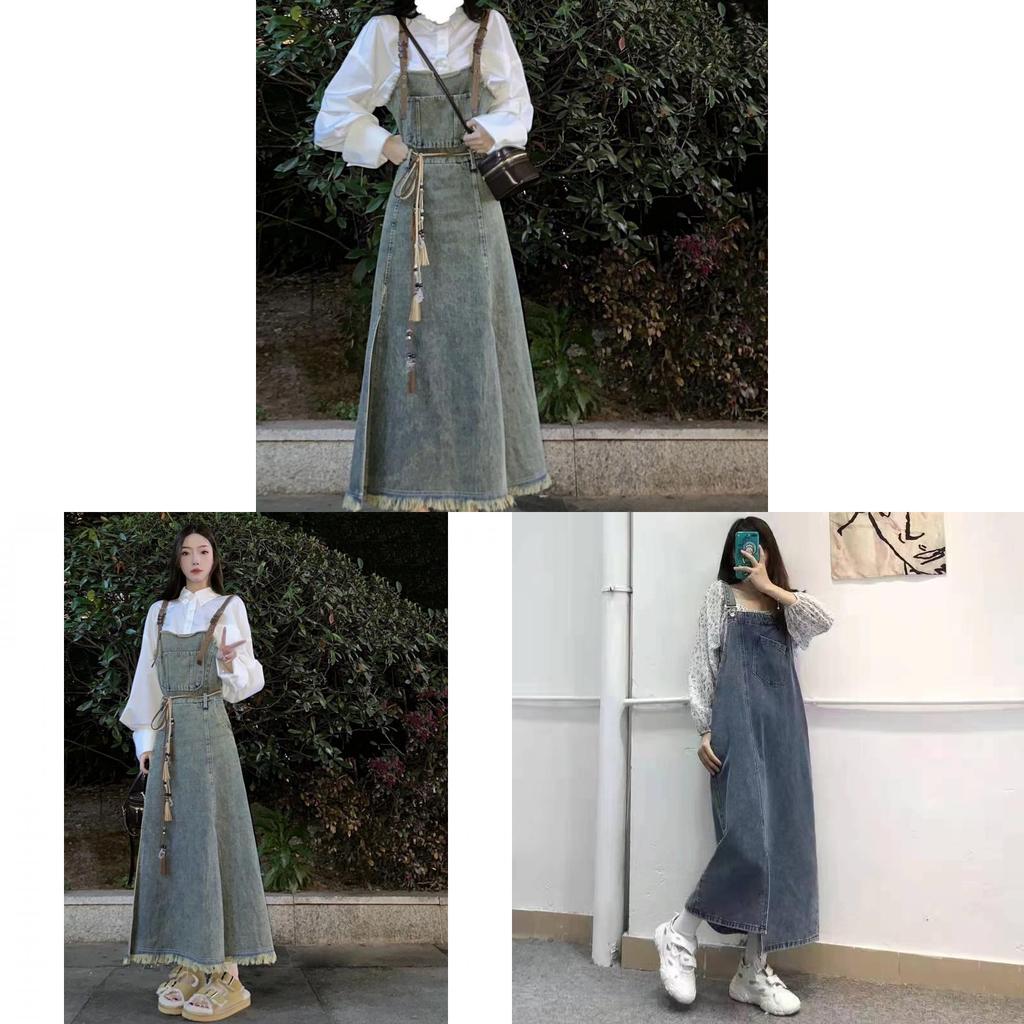 Denim Overall Dress For Women Summer Water Wash Slim Fit With Waist Tie For Casual And Travel