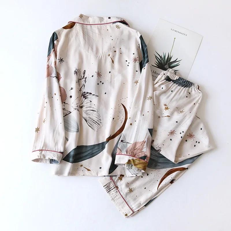 Spring and Autumn Ladies Cute Cartoon Floral Viscose Fiber Pajamas Two-piece Long-sleeved Home Service Cotton Summer Thin Shorts
