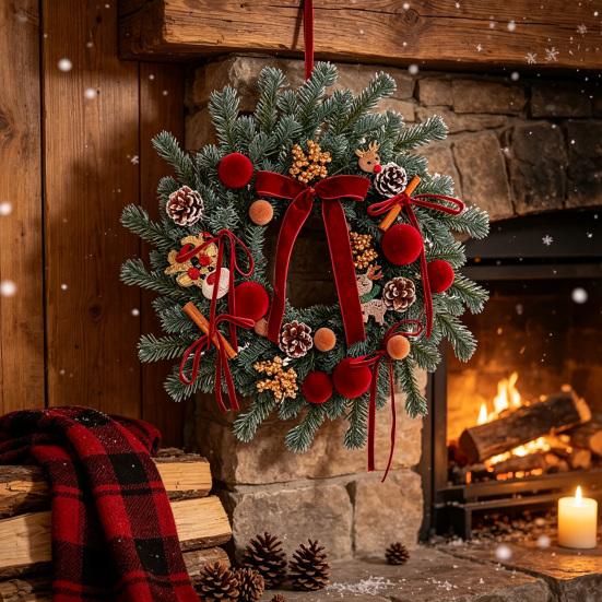 Handmade Wreath for Balcony Christmas Artificial Garland with Pinecones Cinnamon And Red Bows, Decorative Hanging Front Door Pendants Winter