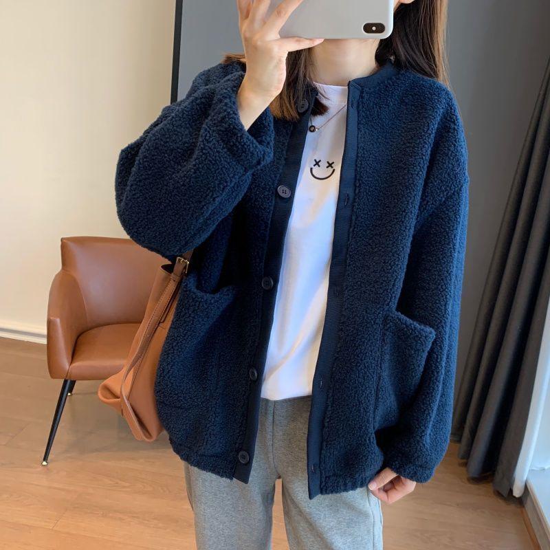 Autumn Winter Solid Casual Fashion Lamb Fleece Coat Women Round Neck Vintage Jacket Cardigan Outwear Top