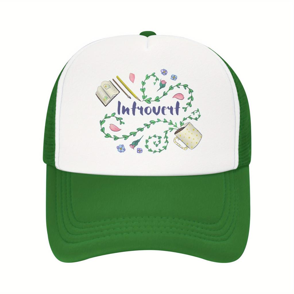 Introvert Floral Design Trucker Hat Polyester Mesh Baseball Cap Casual Unisex Adjustable Headwear