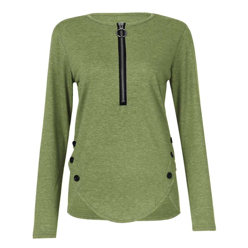 Womens Casual  Zipper Longsleeved Neck Button Tshirt Top
