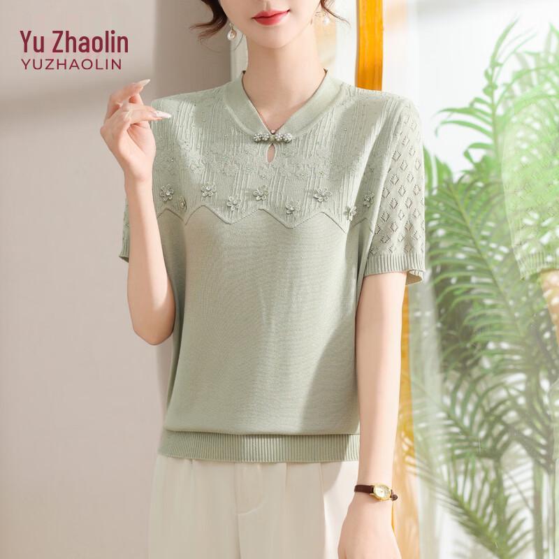 YUZHAOLIN Mid-Aged Women s Qipao Collar Short Sleeve Knit T-Shirt 5XL
