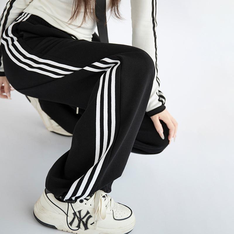 Three Bars and Two Sweatpants for Women's Autumn New High-waisted and Thin Wide-leg Pants Versatile Casual Drawstring Sweatpants