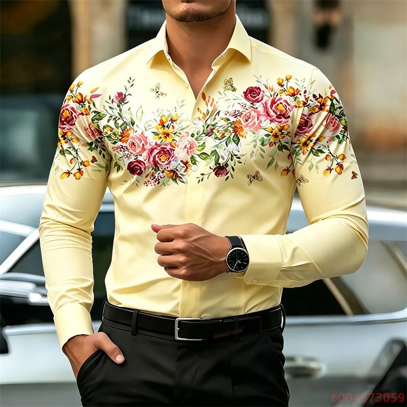 Men's Long-Sleeve Shirt, High-Definition Floral Print White Slim Fit Shirt, European Size Business Casual Men's Top