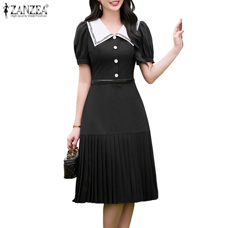 ZANZEA Women Casual Navy Collar Loose Short Sleeve Pleated Dress