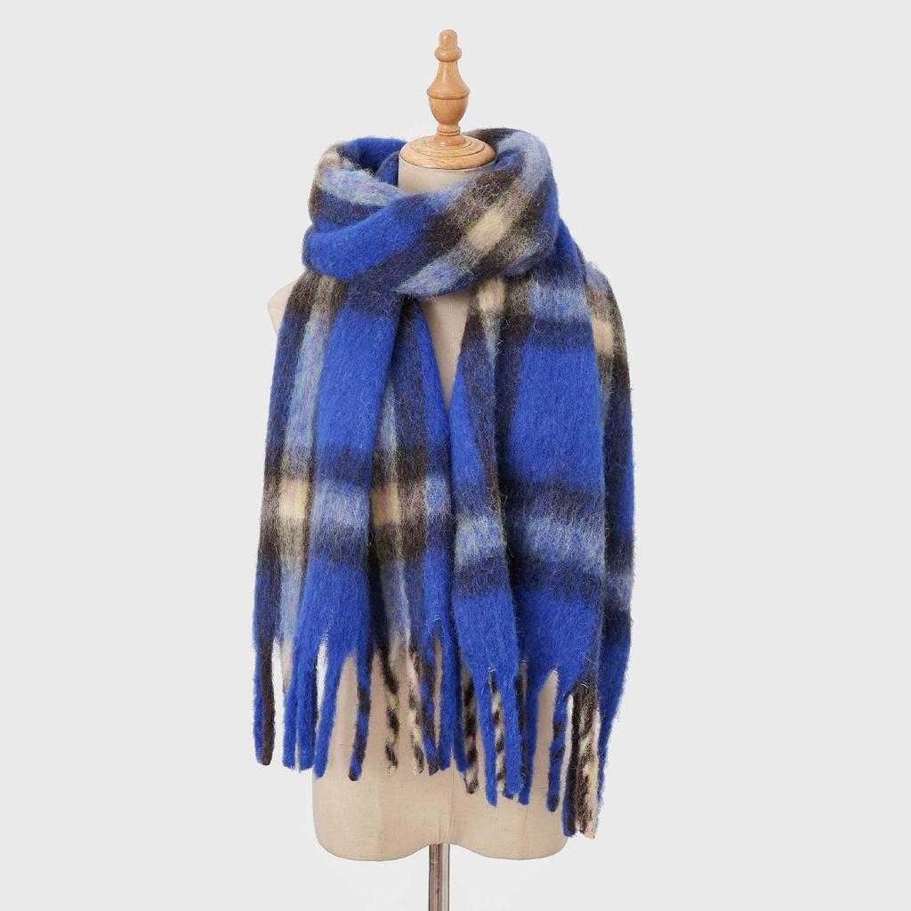Autumn and winter wool plaid scarf women's high-end imitation cashmere versatile simple warm thickened fringed scarf