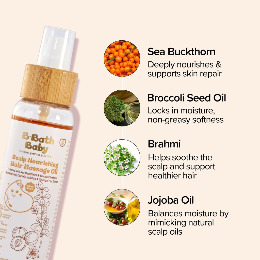B.Bath Baby Hair Oil For Kids 0-6 Years - 100ml | Scalp & Root Nourishment With Jojoba & Sunflower Oil | Calming & Gentle, Dermatologist Tested |
