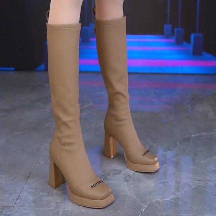 New Autumn and Winter Thick Heel But Knee Boots Women's Rear Zipper Long Boots Thick Heel Boots Spring and Autumn Single Boots
