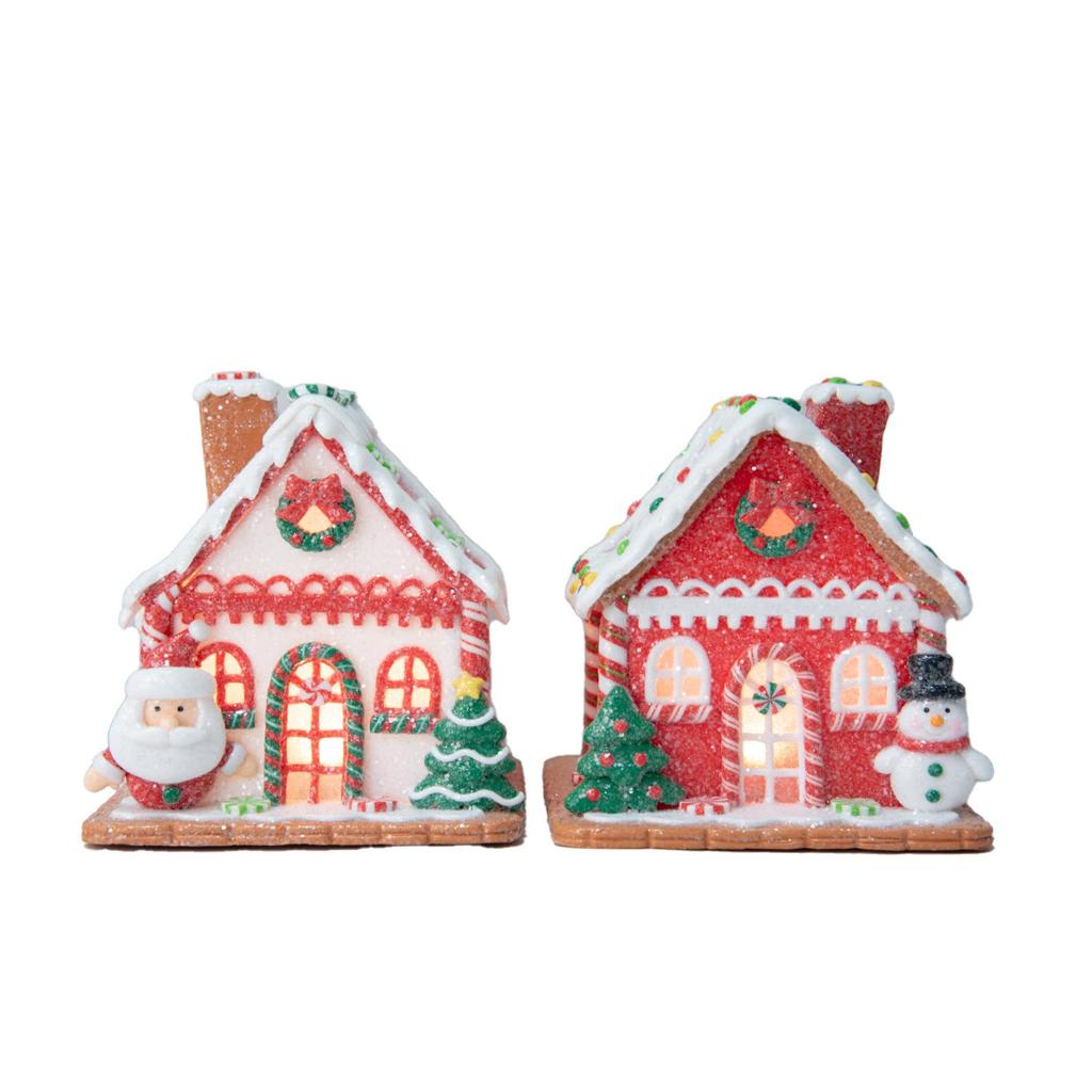 Red Gingerbread House Tabletop Ornaments, Santa & Snowman Christmas Decor (2Pcs Per Set)