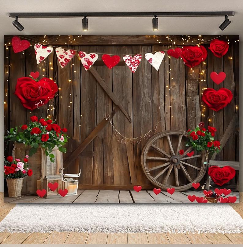 Valentine's Day Photography Background Red Roses Balloons Wood Board Brick Wall Women Birthday Wedding Decoration Photo Backdrop
