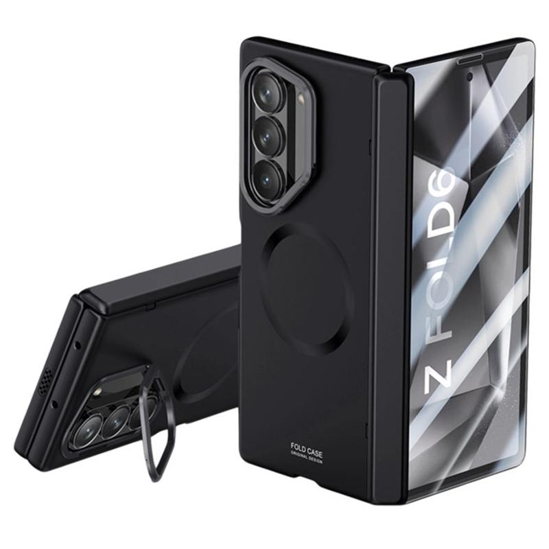 

For Samsung Galaxy Z Fold6 5G Magnetic Case Hard PC Phone Cover with HD Tempered Glass Film,Kickstand Black
