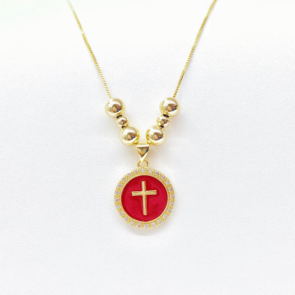 White Black Red Enamel Art Cross Zirconia Pendant Necklace: New Fashion for Women Party Pearl Chain Choker Religious Prayer Gift