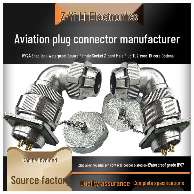 

90° Angled Waterproof Aviation Socket WY24, 19-Pin Cable Connector J2349101215 Square Female Socket WF24K2Z