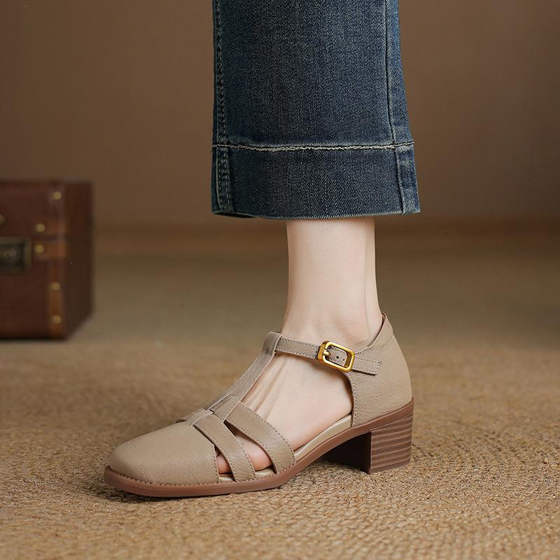 Fashion 2025 New Fashion Classics Genuine Leather Sandals Woman Thick High Heels Sandals Office Ladies Dress Summer Shoes Heels Women