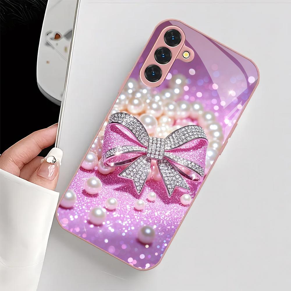 Diamond bow metal paint glass phone case suitable for Samsung Galaxy S26 S25 S24 S22 S21 S20 FE/Ultra/Plus anti drop back cover