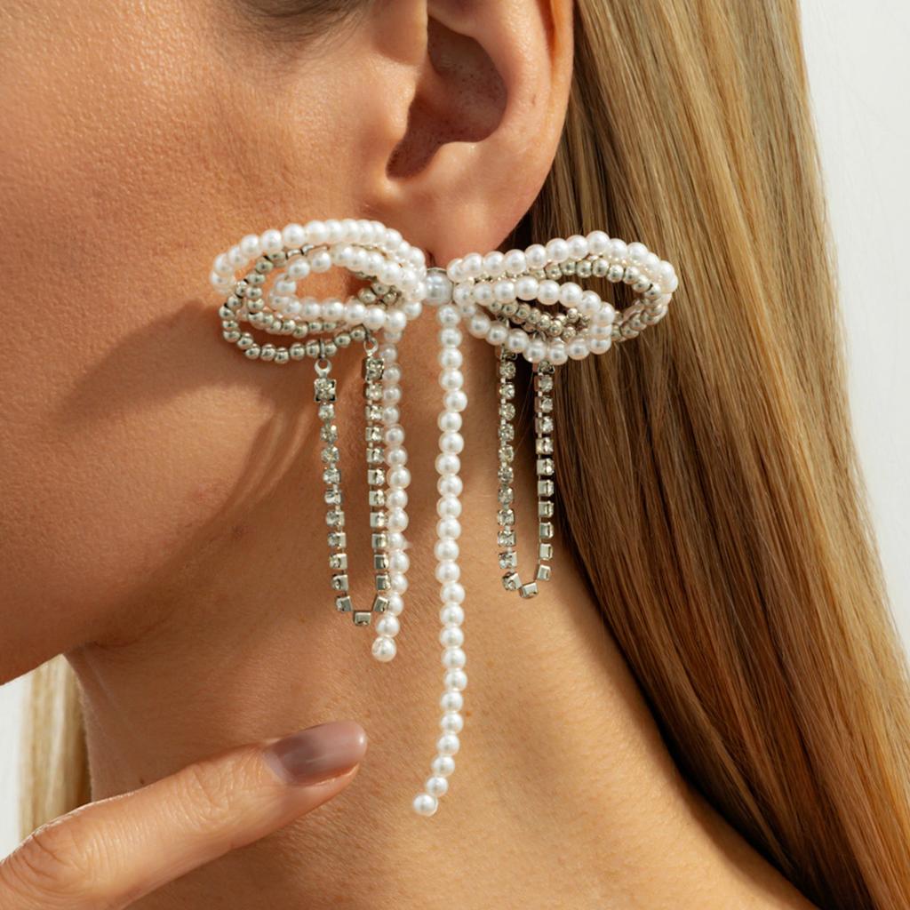 SHIXIN Exquisite Imitation Pearl Bowknot Stud Earrings for Women Elegant Luxury Geometric Big Earrings Wedding Bridal Jewelry