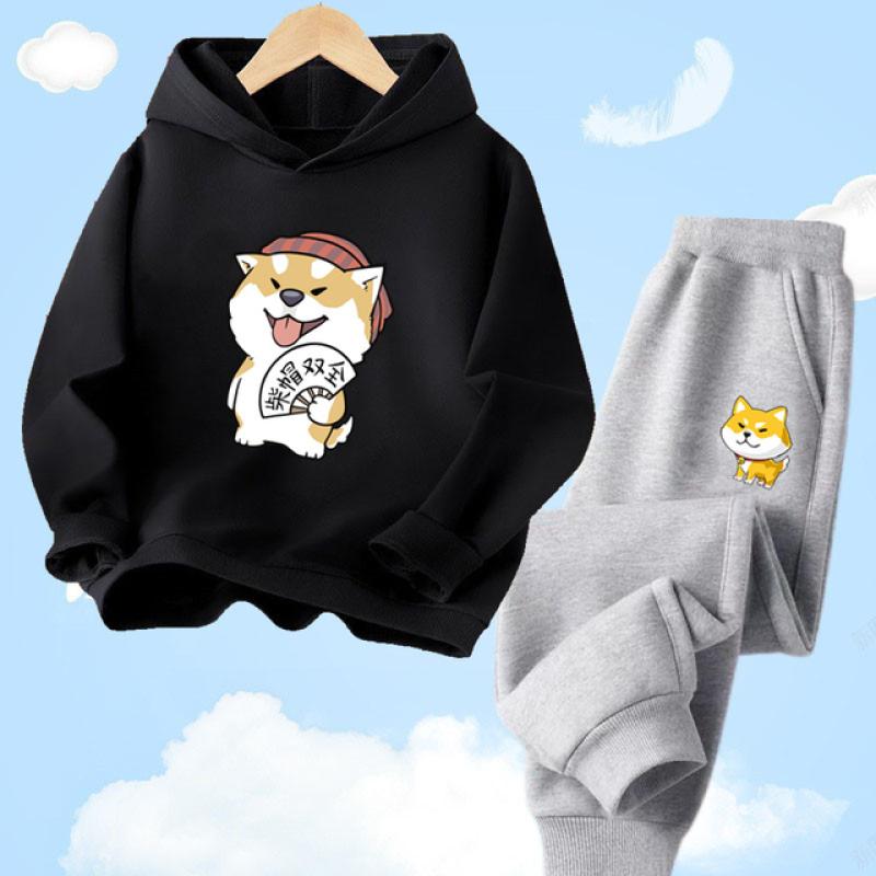 Shiba Inu søt hettegensersett med hundetrykk for barn Vår Høst Langbukser Joggedress Sportsklær Hettegensersett
