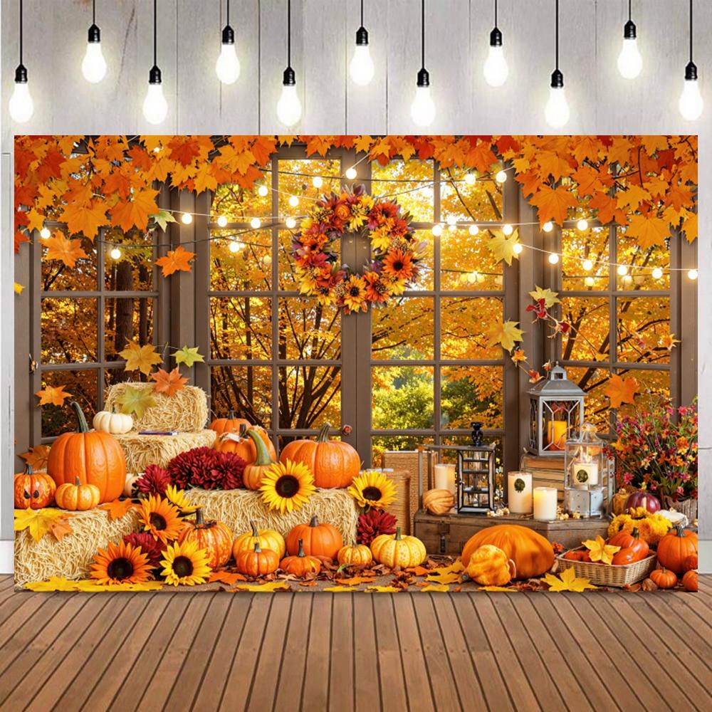 Blissful Autumn Harvest Theme Photography Background Forest Maple Fallen Leaves Window Pumpkins Sunflower Photo Backdrop Decor2