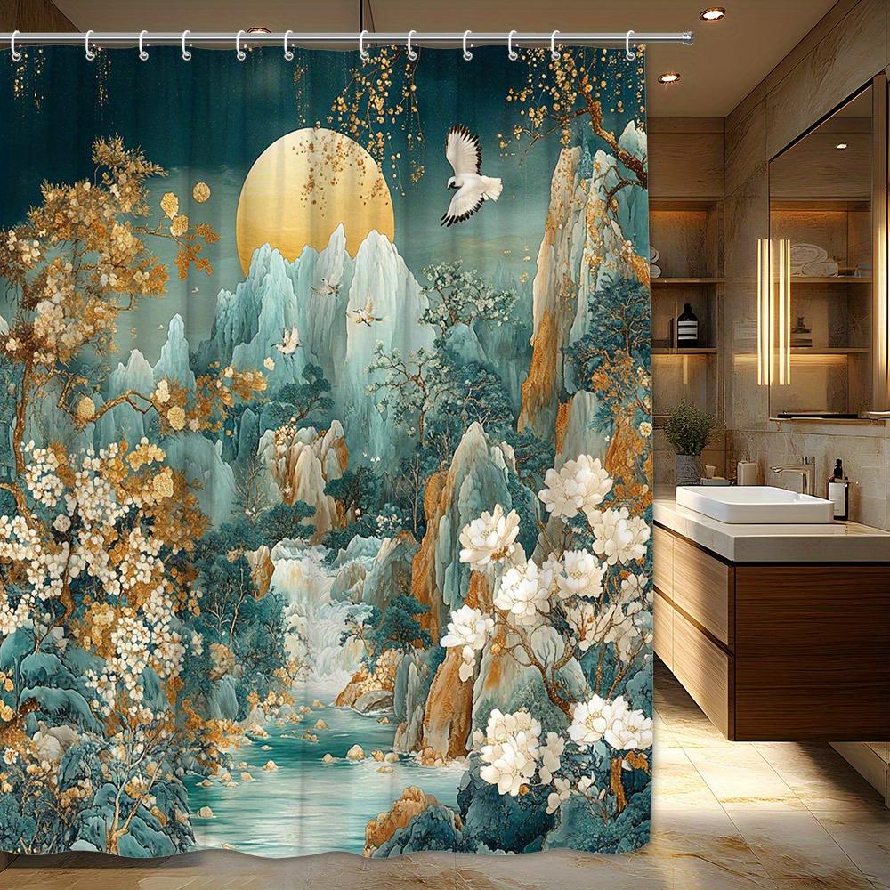 1pc Golden Full Moon Shower Curtain - Chinese Style, Turquoise Mountains, Blooming Flowers, White Birds,  Serene Bathroom Decor
