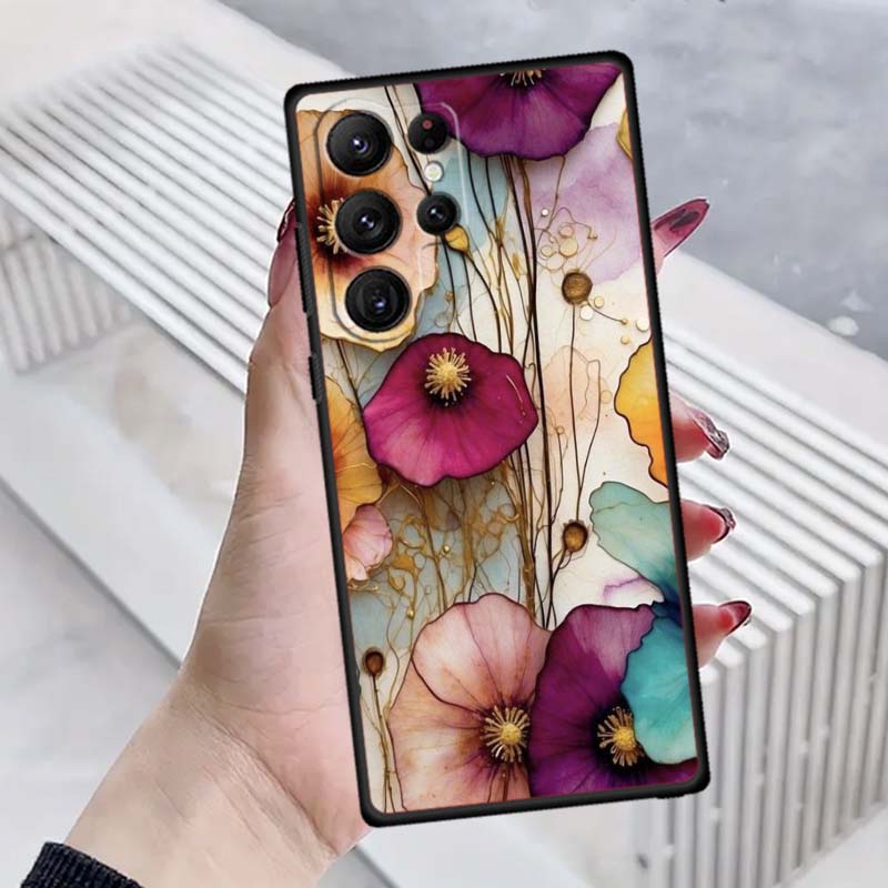 Butterfly flower pattern Phone Case For Samsung Galaxy S26 S25 S24 S23 S22 S21 S20 Ultra Plus FE 5G Black Soft TPU