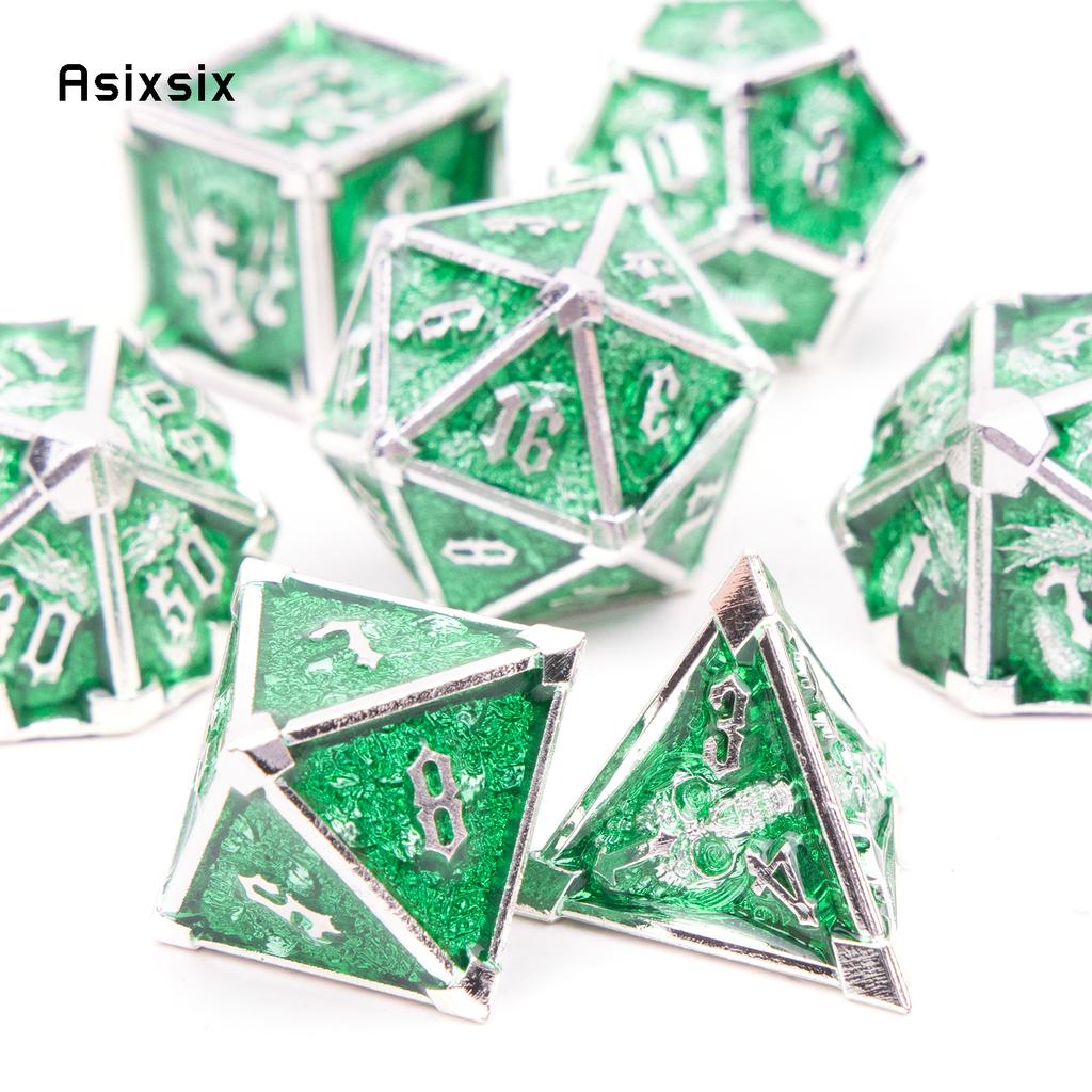 7 Pcs Green White Skull Metal Dice Solid Metal Polyhedral Dice Set Suitable for Role-Playing RPG Board Game Card Game