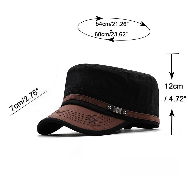1Pcs Spring Summer Adjustable Men Military Cadet Cap Cotton Star Embroidery Flat Top Hat Sun Protection Hats For Outdoor Travel