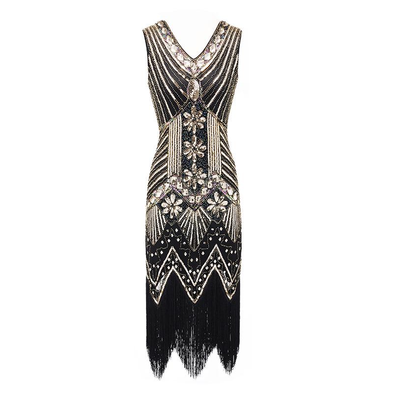 Retro Sequined Beaded Dress Front and Rear Deep V-neck Fashionable Fringed Dress, Popular Evening Dress
