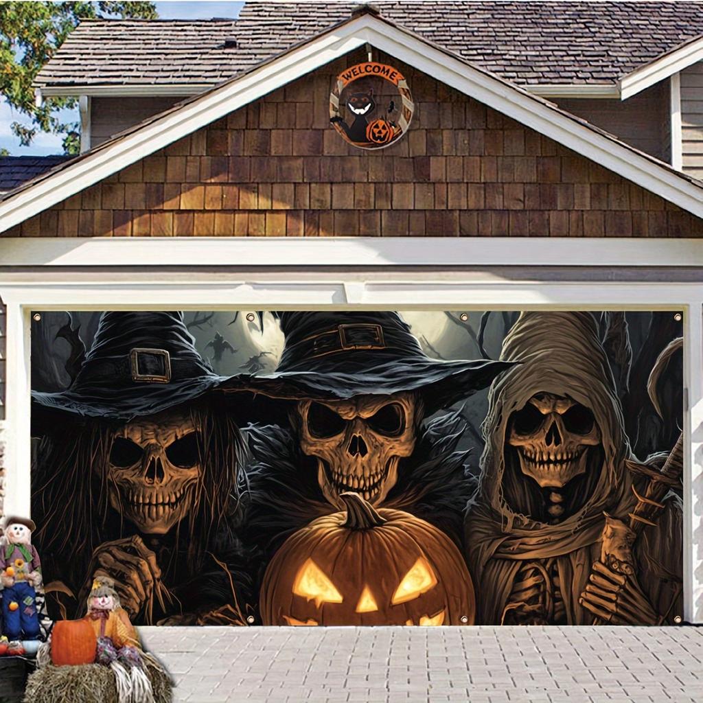 1 Piece Halloween Garage Banner Three Skeleton Wizards Evil Staring At You In the Background Party Atmosphere Background