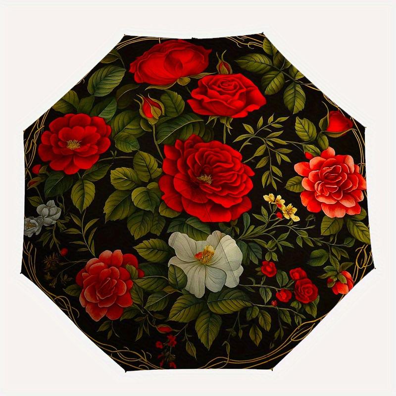 Elegant Floral Round Rug - Classic Rose Designfor Home DecorUmbrella, Portable 3-Fold Compact Umbrella for Men & Women Gift