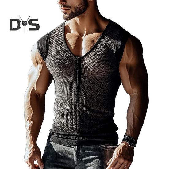 

Мужской жилет с V-образным вырезом, широкими бретелями, без рукавов, прозрачный сетчатый топ, однотонный, дышащий, эластичный, на бретельках XL чёрный