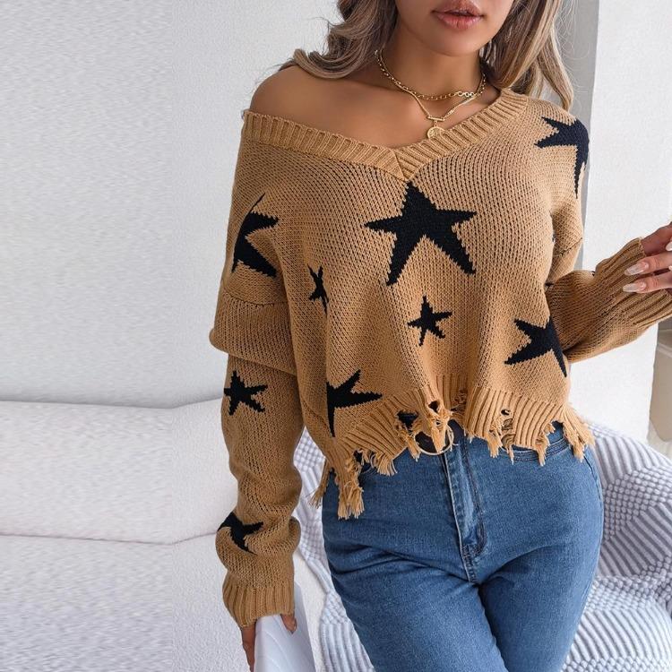 Women Casual Knit Pullover Sweater Long Sleeve V Neck Star Cut Autumn Winter
